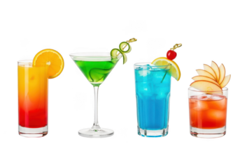 Colorful assorted cocktails drinks isolated on transparent background