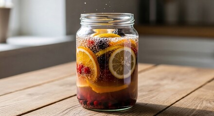 Jar of fruit-infused artisanal vinegar on wooden table with natural light