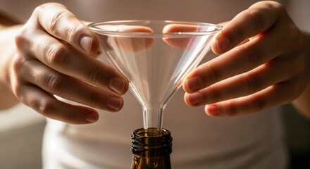 Hands holding funnel over glass bottle for pouring artisanal vinegar