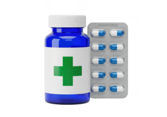 Pills bottle and capsules blister pack isolated on transparent background