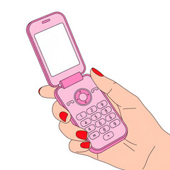 Hand holding pink flip phone illustration isolated on transparent background