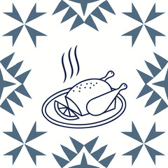 Stylized thanksgiving turkey on a plate with geometric snowflake background