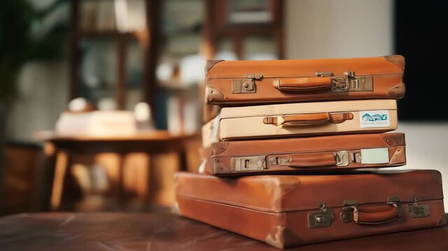 Stack of vintage leather suitcases in cozy room travel adventure concept