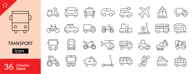 Transport icons set. Includes symbols of vehicles, roads, shipping, travel routes, logistics, and public transportation. Editable stroke. Vector illustration. Outline icons. Perfect for transportation