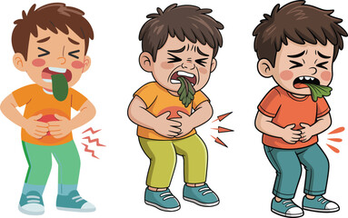 Cartoon sick boy holding stomach while vomiting, child feeling nausea and stomach pain, illness symptoms illustration for healthcare and education