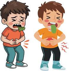 Cartoon sick boy holding stomach while vomiting, child feeling nausea and stomach pain, illness symptoms illustration for healthcare and education