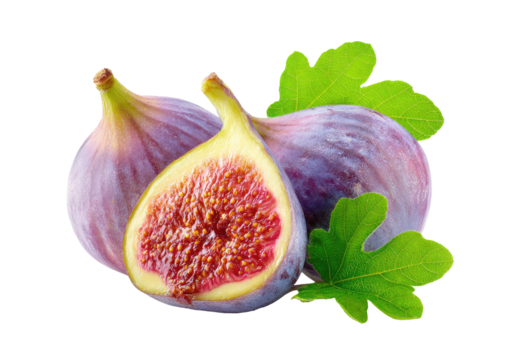 Two figs, one halved, with leaves.  Fresh, purple-pink figs, a juicy, halved fig displays its red-orange interior.  Green leaves flank the fruit