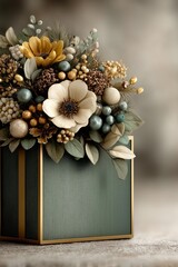 Elegant gift box blooming with festive floral composition