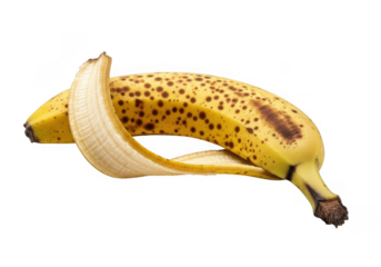 Spotted banana with partially peeled skin isolated on transparent background, showcasing its ripeness and the beginning of its natural decomposition process, a common fruit