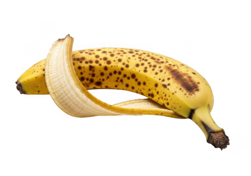 Spotted banana with partially peeled skin isolated on transparent background, showcasing its ripeness and the beginning of its natural decomposition process, a common fruit