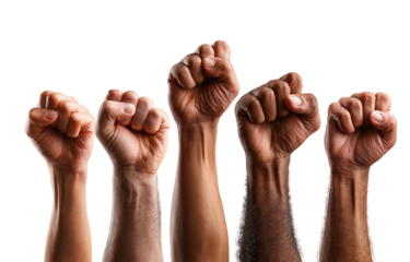 Five fists raised high, diverse skin tones