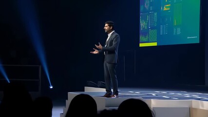 Speaker presenting complex data visualization and charts on a large screen during a professional business conference, sharing insights with a corporate audience - Powered by Adobe