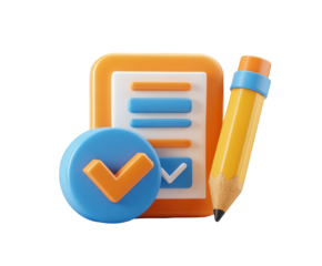 3D rendering of a clipboard with a check mark and pencil representing task completion and approval isolated on white on Transparent Background
