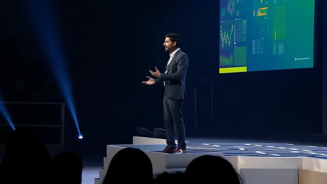 Speaker presenting complex data visualization and charts on a large screen during a professional business conference, sharing insights with a corporate audience