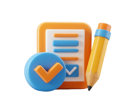 3D rendering of a clipboard with a check mark and pencil representing task completion and approval isolated on white on Transparent Background