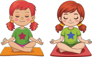 Calm cartoon girl practicing yoga meditation on mat, peaceful child sitting cross legged in mindfulness pose, relaxing kids wellness illustration