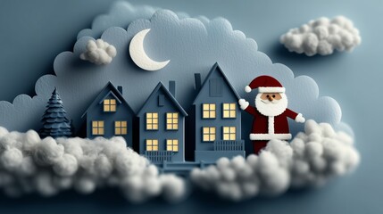 Santa Claus visiting Christmas village at night with moon, illustration