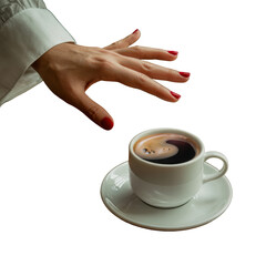 Woman's hand reaching for coffee cup - 3d render isolated on transparent background