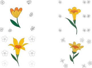 Bright yellow floral illustration with decorative outline flowers, vibrant botanical artwork featuring colorful petals, simple modern design for creative projects