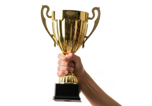 A hand proudly holds a gleaming golden trophy aloft symbolizing victory and achievement isolated on transparent background