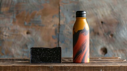 Stylish reusable bottle with an orange and black swirl pattern, paired with an artisanal dark soap bar on rustic wood