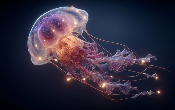 A glowing jellyfish floating gracefully in deep water, illuminated with soft bioluminescent colors and delicate trailing tentacles. Ideal for marine life themes, underwater visuals, and fantasy-style 