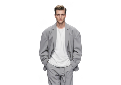Fashionable young male model wearing a stylish light gray suit and white t shirt standing confidently isolated on transparent background
