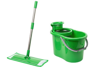 Fototapeta premium Green mop and bucket cleaning tool isolated on transparent background