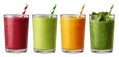 Four colorful smoothies in clear glasses with striped straws