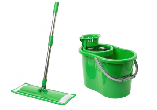 Green mop and bucket cleaning tool isolated on transparent background