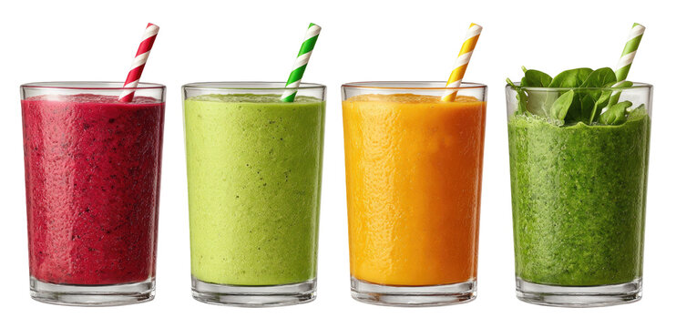 Four colorful smoothies in clear glasses with striped straws