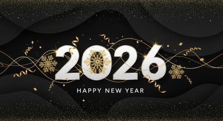 Elegant 2026 happy new year celebration with gold confetti and snowflakes on black background