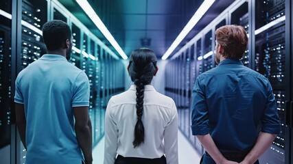 it professionals stand in datacenter server corridor with illuminated racks. Technology team observes network infrastructure and computing equipment. Modern digital storage facility - Powered by Adobe