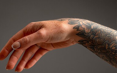 A well-lit close-up of a tattooed arm extending forward with the palm open, conveying concepts such as offering, acceptance, and human connection. 