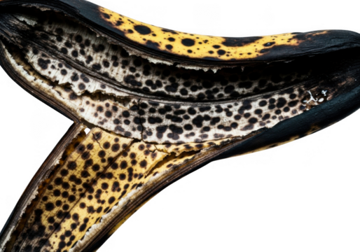 Closeup of an overripe banana peel with black spots, showing the inside texture and the decaying process, isolated on transparent background - Powered by Adobe