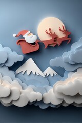 Santa Claus sleigh flying past mountains and clouds, illustration