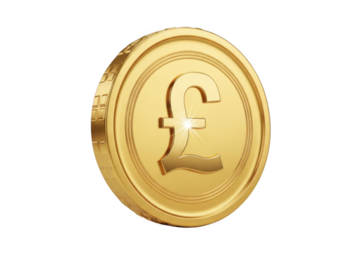 Pound sterling currency golden coin isolated on transparent background
