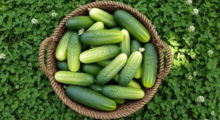 Fresh cucumbers in basket on green clover field background harvest time