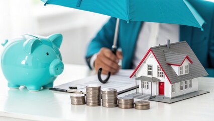 Person holding umbrella protecting house and piggy bank with money