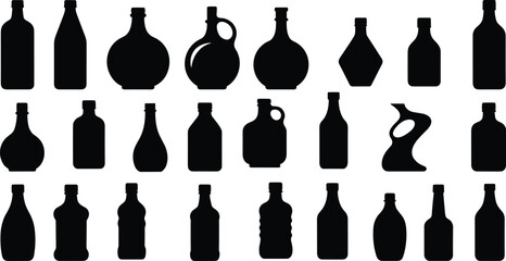 Bottle silhouette, packaging design, black shapes, product container, diverse bottles, artistic outline, shape variety, visual reference, branding concept, form study