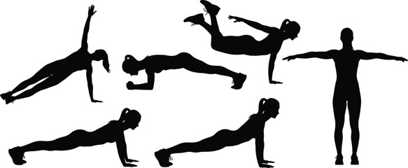 Bodyweight exercise silhouettes, plank pose, push-up, fitness routine, black figures, white background, core workout, strength training, minimal fitness art