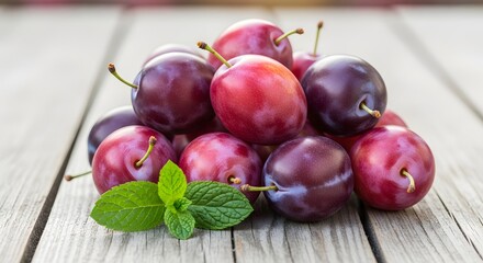 Freshly harvested plums on rustic wood table surface close up