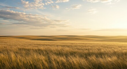 Golden grain field stretches across rolling hills beneath a bright sky at sunset