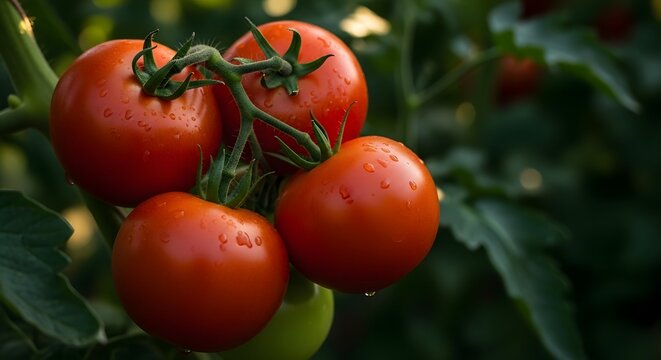 Fresh red ripe tomatoes on the vine with water droplets