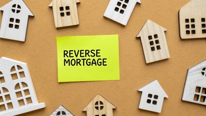 Reverse mortgage concept with wooden house models and note