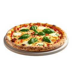 A classic Neapolitan Margherita pizza with vibrant basil and melted mozzarella, perfectly baked and presented on a dark background.