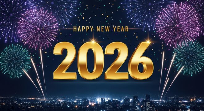 Golden 2026 numbers illuminated against a vibrant fireworks display celebrating the new year - Powered by Adobe