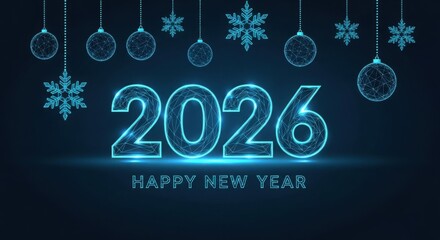 Glowing neon 2026 happy new year greeting with snowflake decorations