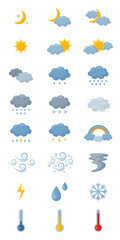 Fototapeta premium Cute cartoon weather icons collection isolated on transparent background.Moon, stars, sun, clouds, rain, snow, wind, rainbow, lightning, temperature.Elements for weather forecas.Vector illustration.