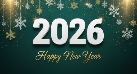 Happy new year 2026 with festive snowflakes and golden lights